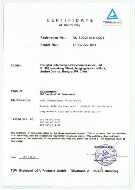 China Shanghai Rotorcomp Screw Compressor Co., Ltd Certificações